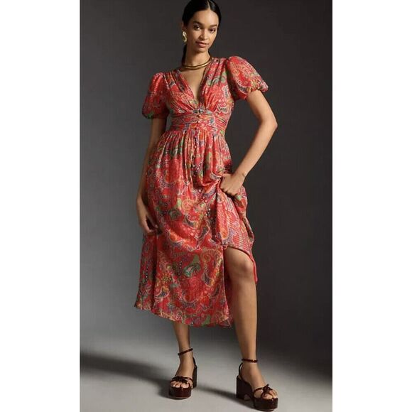 Anthropologie Dresses & Skirts - Anthropologie The Katerina Lurex Button Front Dress Size 0 V-neck Midi Dress
